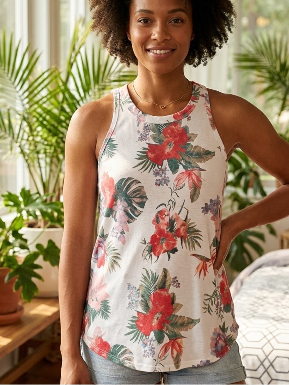 BRAEVE Floral Tropical Tank Top Size Large High Neck Hibiscus Sleeveless Summer